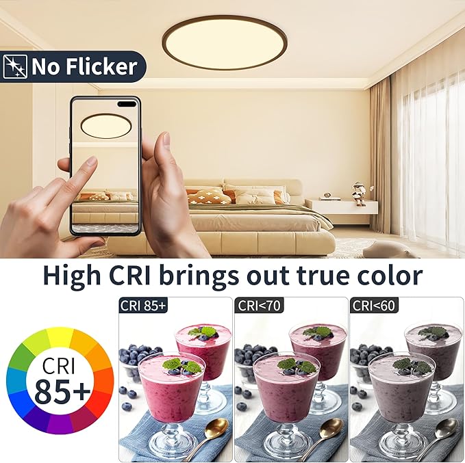 16 Inch Flush Mount Ceiling Light with Remote, 36W Dimmable LED Fixture 3600LM, 3000K-6500K Adjustable, Round Ceiling Lamp for Bedroom, Kitchen, Living Room, Dining Room, Bathroom, Black