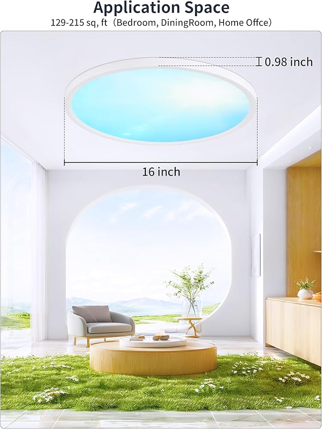 16 Inch Flush Mount Ceiling Light with Blue Sky Cover, Dimmable Ceiling Lamp with Remote, 32W LED Lighting Fixtures Sunlight Effect, Modern Slim Design for Classroom Bedroom Living Room, Round White