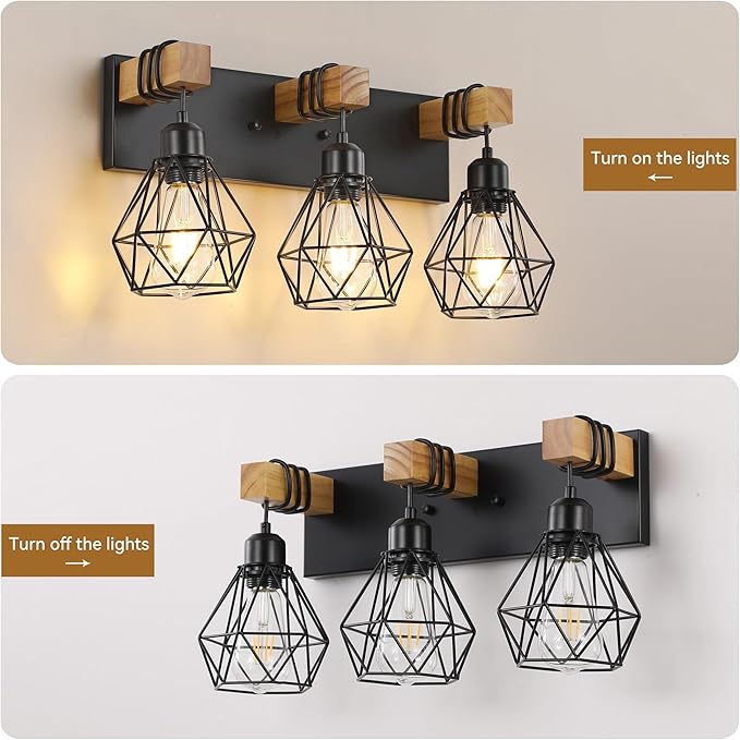 Farmhouse Vanity Light for Bathroom, 3-Light Wood Bathroom Vanity Light Fixtures Over Mirror, Rustic Sconces Wall Lighting with Metal Lampshade for Living Room, Bedroom, Hallway