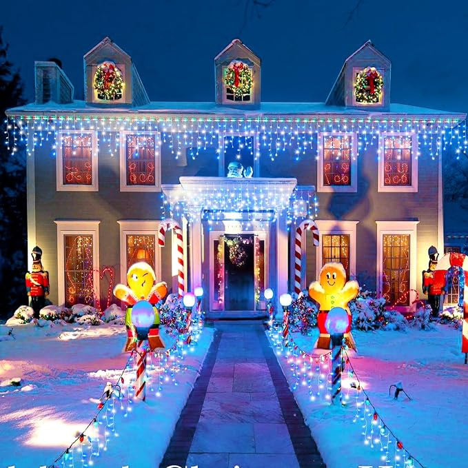 Icicle Lights for Outside - 33FT 400 LED Icicle Christmas Lights Outdoor with 75 Drops 8 Modes, Waterproof Connectable Curtain Hanging Lights for Indoor Roof Yard Xmas Decorations, Blue and White
