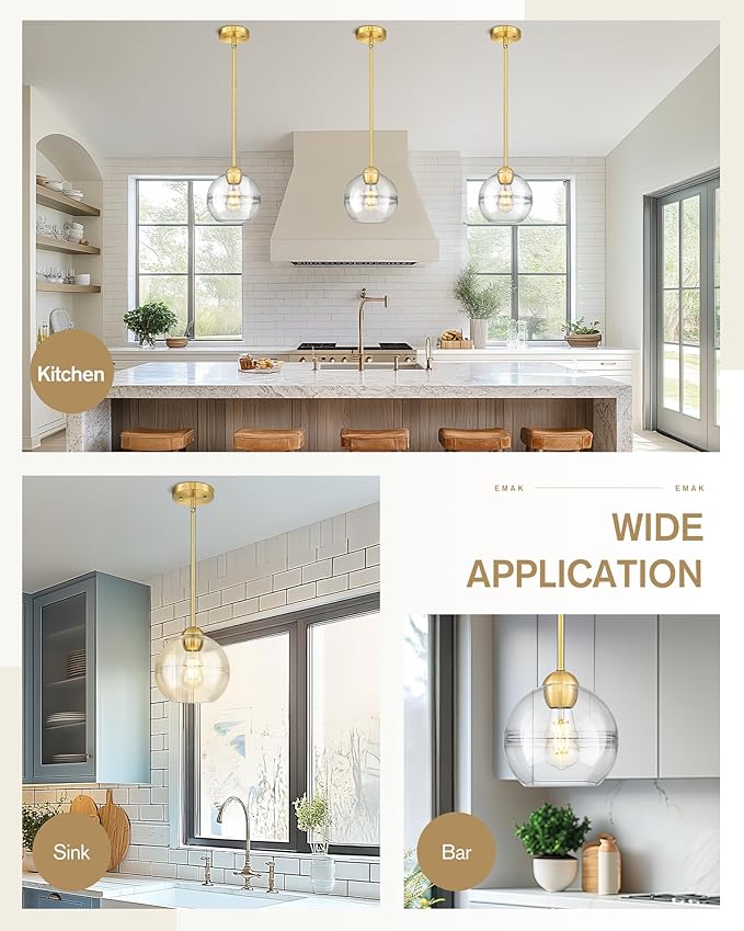 Emak 8 Inch Globe Pendant Lights Kitchen Island, Brushed Gold Pendant Light Fixtures with Clear Glass Shade, Modern Island Lights for Kitchen, Dining Room, Bathroom, PL121-BGD-AG
