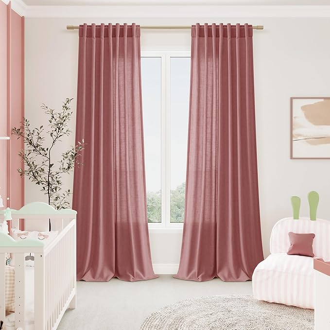 Canyon Rose Linen Curtains 108 Inches Long for Living Room 2 Panels Set Extra Long Back Tab Curtain Semi Sheer Light Filtering Dusty Rose Drapes Floor to Ceiling Curtains for Large Windows 52x108