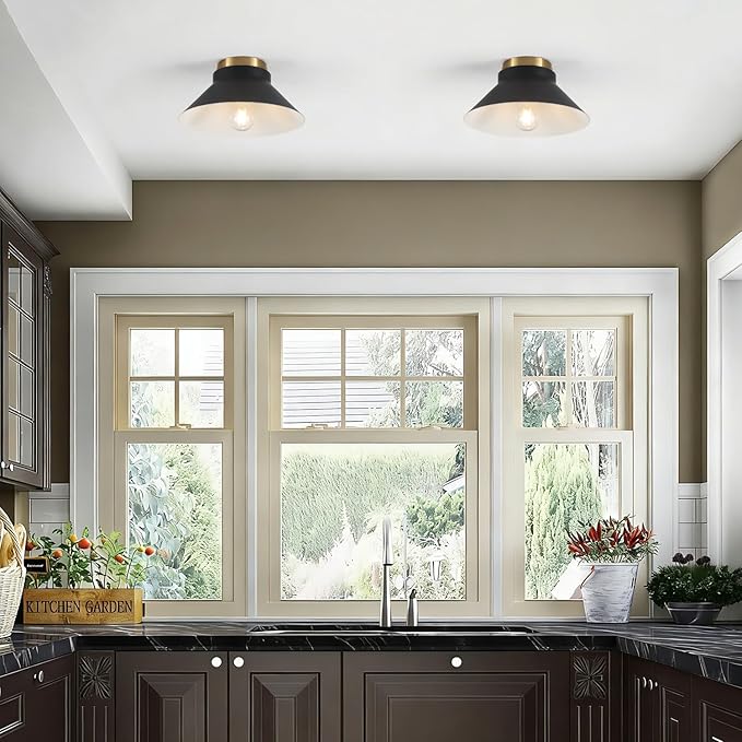 Modern Flush Mount Ceiling Light 2 Pack,Metal Black Semi Flush Mount Ceiling Light Fixture,Brass Accent Black and Gold Ceilings Light Fixture for Hallway Kitchen Entryway Bedroom Laundry Room,11.81in