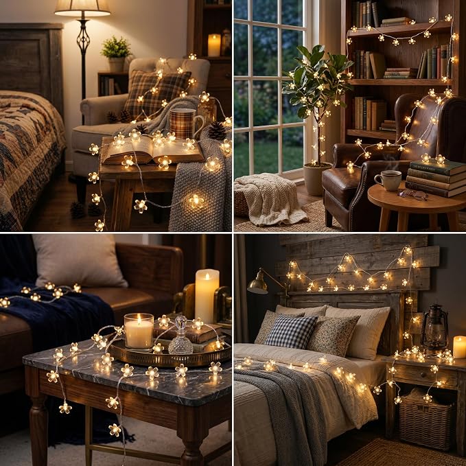 ITICdecor Flower String Lights 15 FT 30 LED Fairy Christmas Lights Battery Operated Indoor&Outdoor Twinkle Lighting Bedroom Decor for Party Wedding Xmas Tree (Warm White)