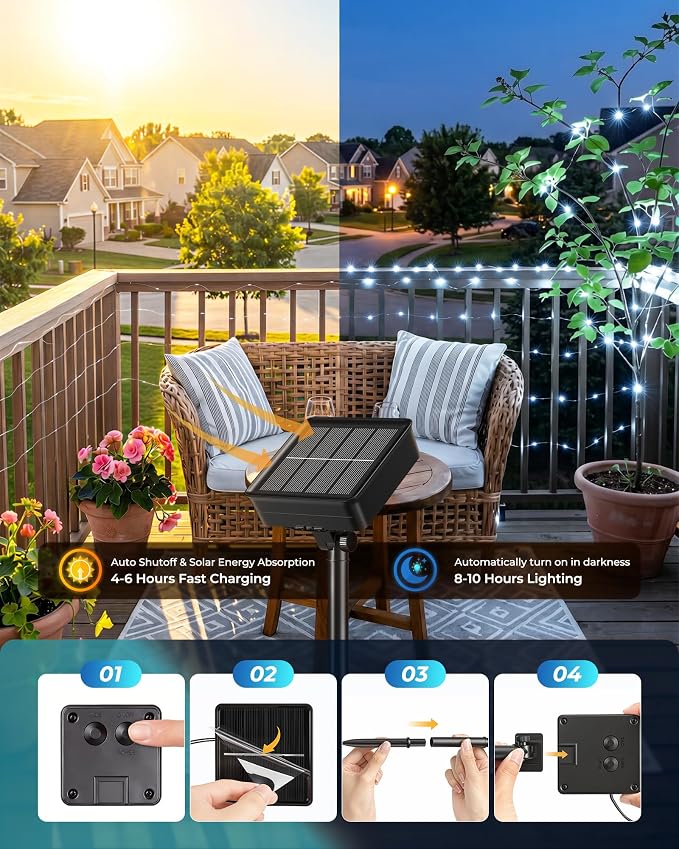 Minetom Solar String Lights for Outside, 33Ft 100 LED Outdoor Solar Fairy Lights, 8 Modes Balcony Lights for Tree Patio Christmas Party Wedding Decor (Pure White) | IP65 Waterproof Twinkle Lights with 8 Modes Outdoor & Indoor, Patio Lights for Tree Gar...