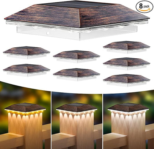 Mlambert 8 Pack Solar Post Cap Lights Outdoor - 3 Lighting Modes Waterproof LED Solar Post Lights Fit 3.5×3.5 Wood/4×4 Vinyl Fence Deck Posts, Brown