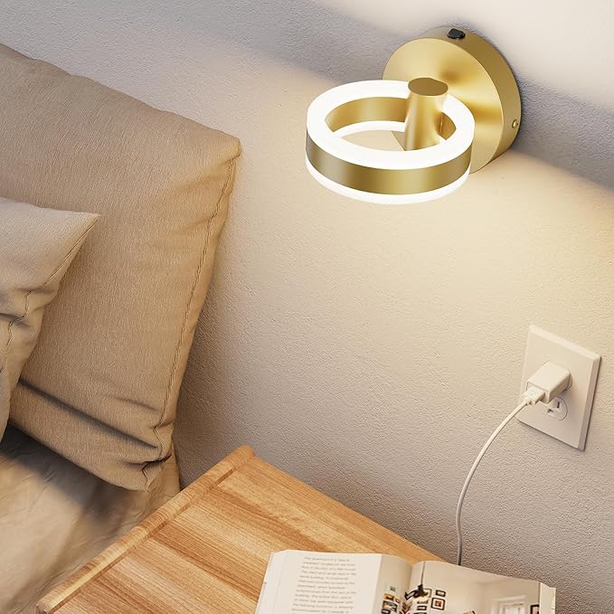 LED Wall Sconces Set of Two with ON/Off Switch, Gold Rotatable Hardwired Wall Light Fixtures, Built in USB Charging Port, Modern Wall Decor for Bed Lighting.