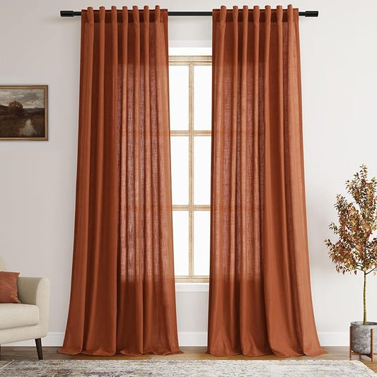 2 Panels Terracotta Linen Curtains 108 inches Long for Living Room Extra Long Back Tab Semi Sheer Rustic Farmhouse Boho Curtains Ceiling to Floor Length 108 inch for Large Window Rust Colored 9 FT