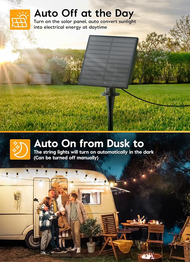 Minetom 34FT Solar String Lights Outdoor with Remote, Patio Lights with 10 LED Shatterproof Bulbs and Hooks, E26 Socket and Type-C Port, Waterproof Hanging Lights for Outside Cafe Garden Bistro
