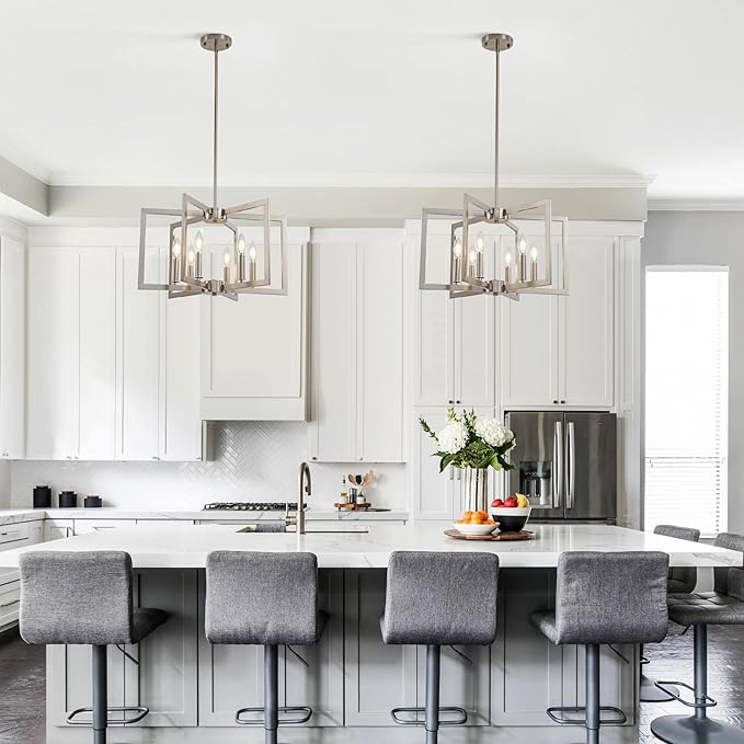 Klgxnrd 6-Light Modern Farmhouse Brushed Nickel Chandelier, Industrial Pendant Lights Kitchen Island, Hanging Dining Room Light Fixture, Metal Geometric Chandelier for Bedroom Hallway Entryway