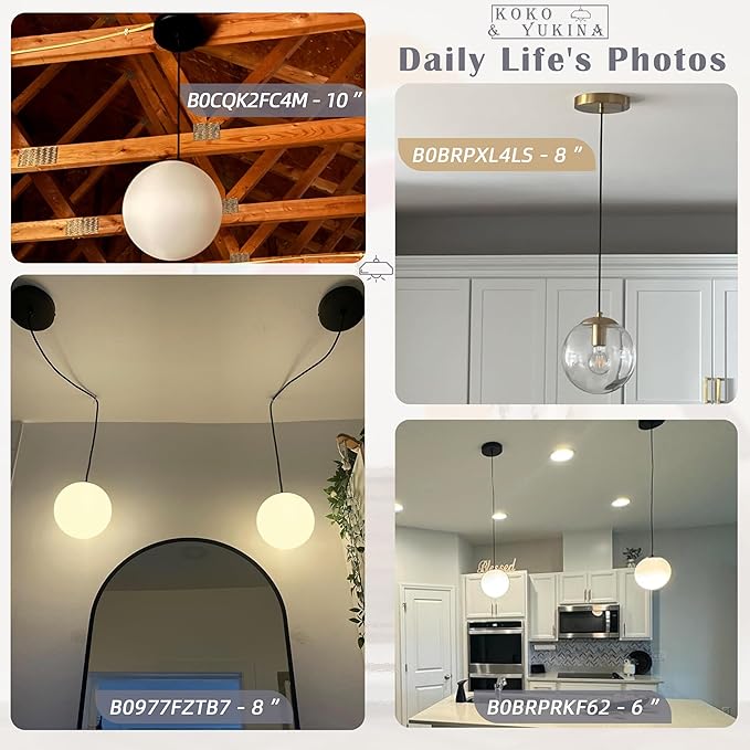 KoKo&Yukina 10" Globe Pendant Light Black Mid Century Pendant Light Mid Century Adjustable Hanging Light Fixture Matte Black Finished with Milk Glass Lampshade for Dining Room Bedroom Kitchen Island
