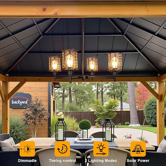 Outdoor Solar Gazebo Chandelier, 4-Light 28" Hanging Copper Wire Solar Pendant Lights, Outdoor Chandelier for Gazebo, Pergola, Porch