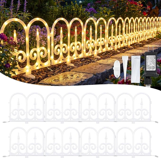 Hopolon 8 Pack Ornate Arch Fence Lights, 11.1in (H) X 9.1ft (L) Solar Powered Warm White Outdoor Garden Border Lights, Small Decorative Fence Barrier for Flower Bed Pathway Yard Lawn Patio Pet
