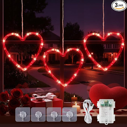 woohaha Valentine's Day Window Lights,3 30LED Heart Curtain String Lights USB/Battery Operated,Hanging Light for Indoor Outdoor Bedroom,Room,Wall,Party,Holiday,Wedding Decorations(Red)