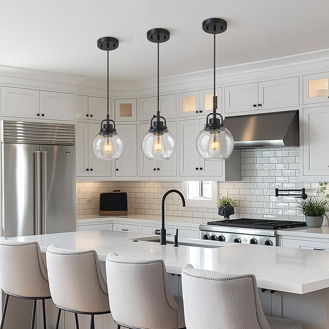 Pendant Lights Kitchen Island, 7" Matte Black Pendant Light Fixtures Over Island with Globe Clear Glass Shade, Farmhouse Hanging Lights for Dining Room Entryway, PL125-MB-1PK