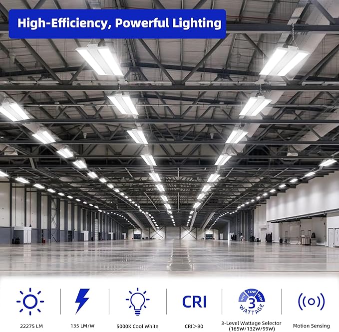 hykolity LED Linear High Bay Shop Lights 2FT with PIR Sensor Base, 165W/132W/99W Power Tunable, 22275LM/17820LM/13365LM 5000K Lighting Fixtures for Garage Warehouse, 2 Pack