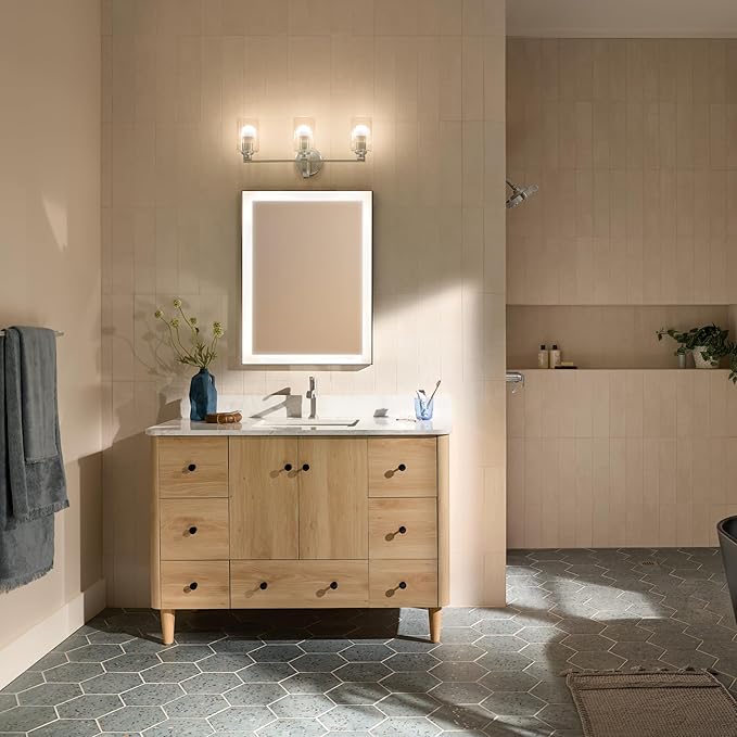 Kichler Gioe 24.25 in 3-Light Bathroom Vanity Light Fixture with Clear Fluted Glass in Brushed Nickel, Modern Wall Mount Over Mirror for Powder Room, Damp Rated (24.25 in W x 10.5 in H), 55226NIFLU