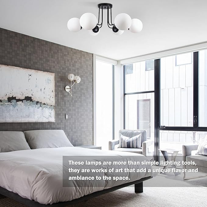 KoKo&Yukina 6-Light Modern Semi Flush Mount Ceiling Light Fixture Mid Century Ceilings Lights Globe Ceiling with Milk Glass Shade Matte Black Finish for Bedroom Hallway Dining Room Living Room