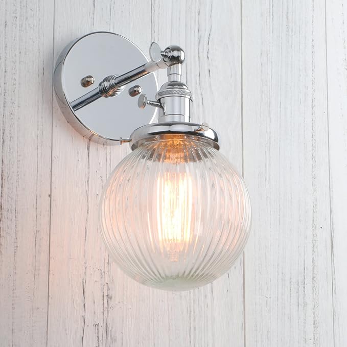PERMO Sconce with Switch Industrial Gold Wall Sconce Lighting with Ribbed Globe Lampshade (Chrome, 1 Light-Hardwired)