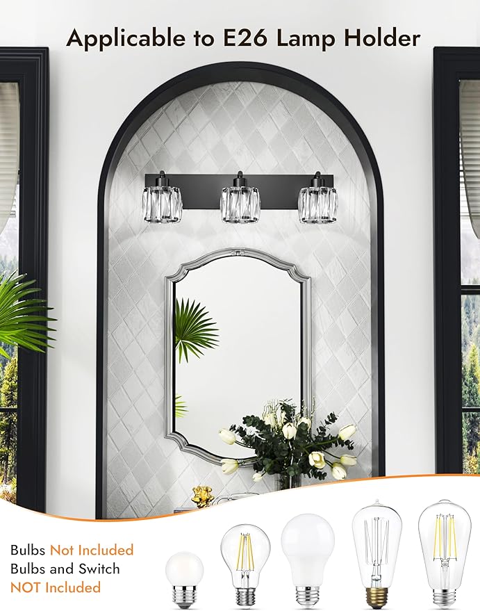 VOLISUN Crystal Vanity Lights for Bathrooms, 3 Light Bathroom Vanity Light, Modern Matte Black Bathroom Light Over Mirror, Black Bathrooms Lights Fixtures-UL Certificated(Exclude Bulb)