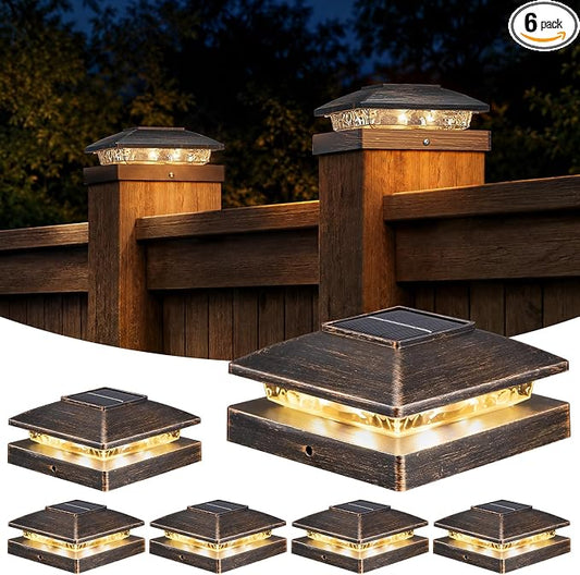 APONUO Solar Post Cap Lights for 4x4 Posts - IP64 Waterproof, 3000 Bright LED, Wireless Fence Lights & Deck Lights for Patios, Gardens, and Yards, Brushed Copper-Warm White, 6-Pack