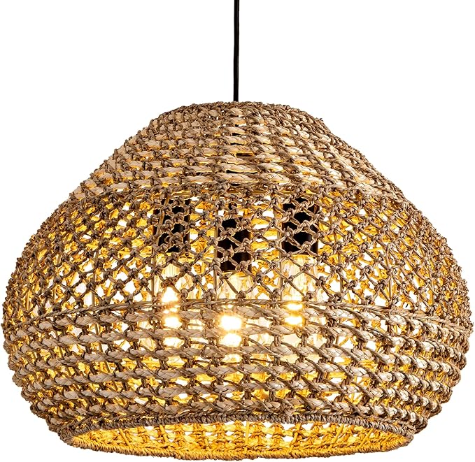 19in Large Rattan Chandelier 3-Lights Boho Hand Woven Wicker Dining Room Lighting Fixtures Farmhouse Round Rattan Pendant Light for Living Room Bedroom Kitchen Island Restaurant Bar