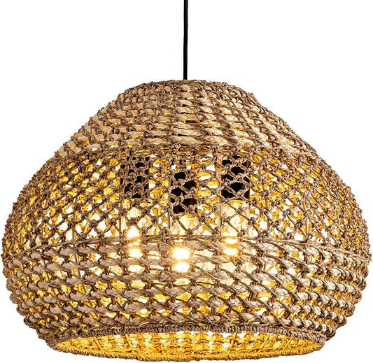 19in Large Rattan Chandelier 3-Lights Boho Hand Woven Wicker Dining Room Lighting Fixtures Farmhouse Round Rattan Pendant Light for Living Room Bedroom Kitchen Island Restaurant Bar