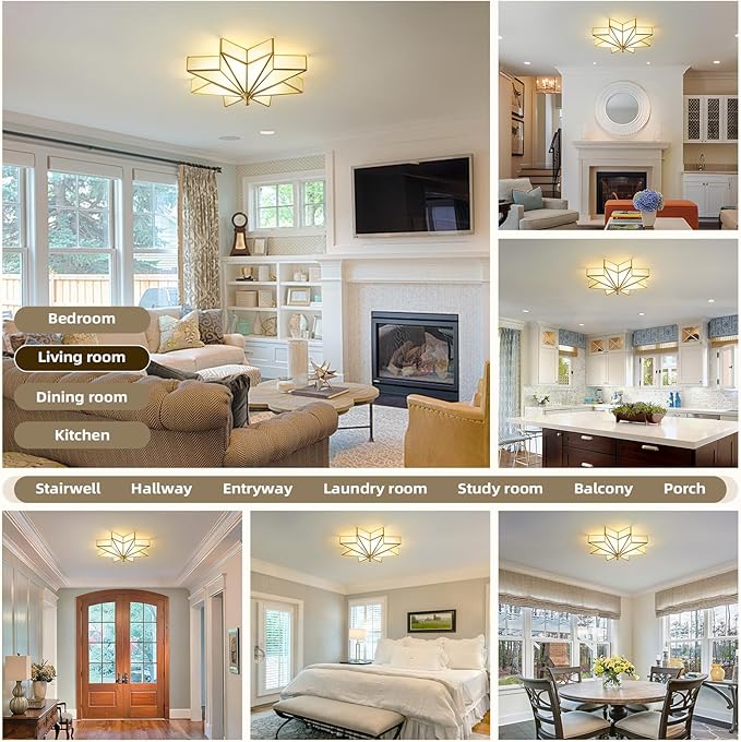 Star Brass Vintage Ceiling Light - 19.7 in Large Milk Glass Antique Brushed Gold Flush Mount Fixture, Mid Century Art Deco Overhead Lighting for Kitchen Hallway Bedroom Bathroom Laundry Entryway Hall