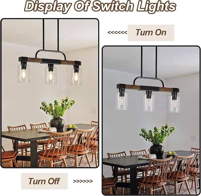 Farmhouse Dining Room Light Fixtures Over Table，Rustic Ceiling Pendant Lights Kitchen Island，3-Light Wood Kitchen Island Lighting Linear Chandelier with Clear Glass lampshade