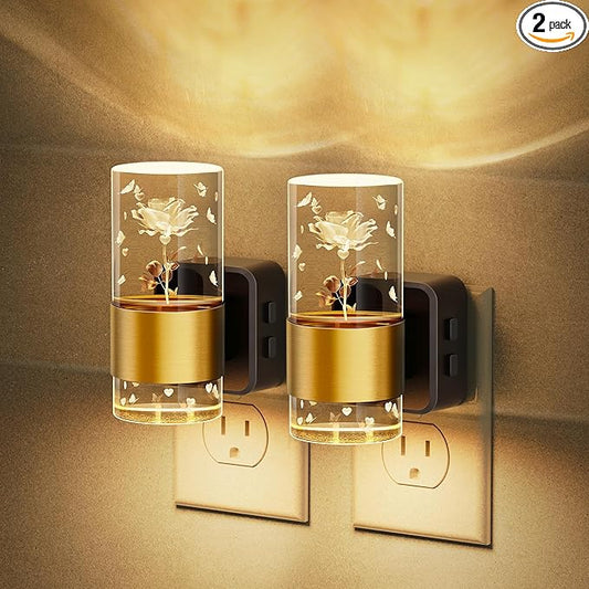 JandCase Night Lights Plug into Wall,2 Pack Rose Carved Night Light for Girls, 3000K+RGB 10-Color LED Nightlight with Dusk to Dawn Sensor, 10/50/100LM Adjustable Brightness for Birthday Home Decor