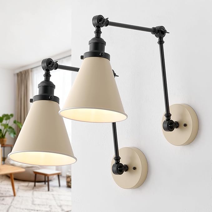 JONATHAN Y 7" Almond/Black Classic Industrial Metal Adjustable Arm LED Wall Sconce for Bedside Reading, Farmhouse Swing Arm Wall Lamp with Metal Shade, Hardwired (JYL7462F-SET2)