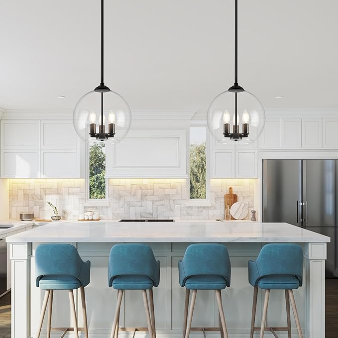 12" Globe Pendant Lights Kitchen Island 2 Pack Glass Globe Pendant Light Fixture Bedroom Mid Century Modern Pendant Lighting Black Pendant Light for Kitchen Island (Bulb Incl.)