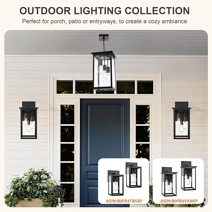 TODOLUZ 3-Lights Large Outdoor Pendant Light, Black Porch Ceiling Lighting Fixtures with Seeded Glass Panel, Exterior Hanging Lantern Adjustable Chain for Yard Entryway Patio