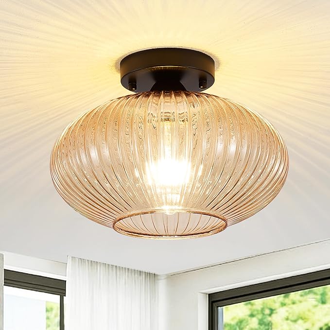 12 Inch Semi Flush Mount Ceiling Light, Amber Glass Ceiling Fixture with E26 Base, Vintage Mid Century Modern Art Deco Light for Hallway, Entryway, Kitchen, Dining Room, Foyer