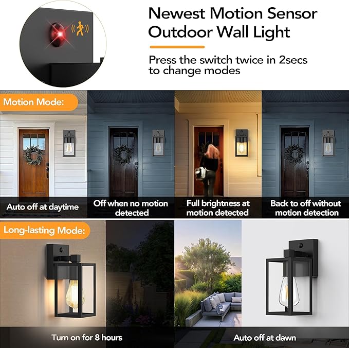 Motion Sensor Outdoor Wall Lights, Dusk to Dawn Outdoor Porch Lights For House, 2 Pack Exterior Lighting Fixtures with E26 Sockets, Black Wall Mounted Waterproof Outside Lanterns For Garage Entryway