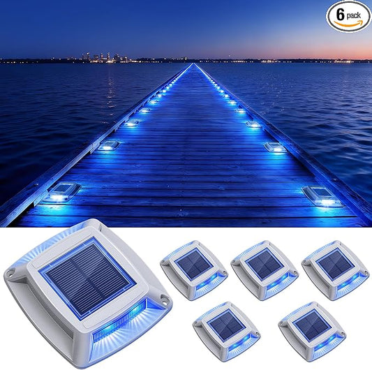 Solar Dock Lights Outdoor 6 Pack, IP68 Waterproof Solar Powered Driveway Lights, Driveway Marker Deck Lights for Steps Pathway Walkway Sidewalk Pool Garage Stair Marine (Blue)
