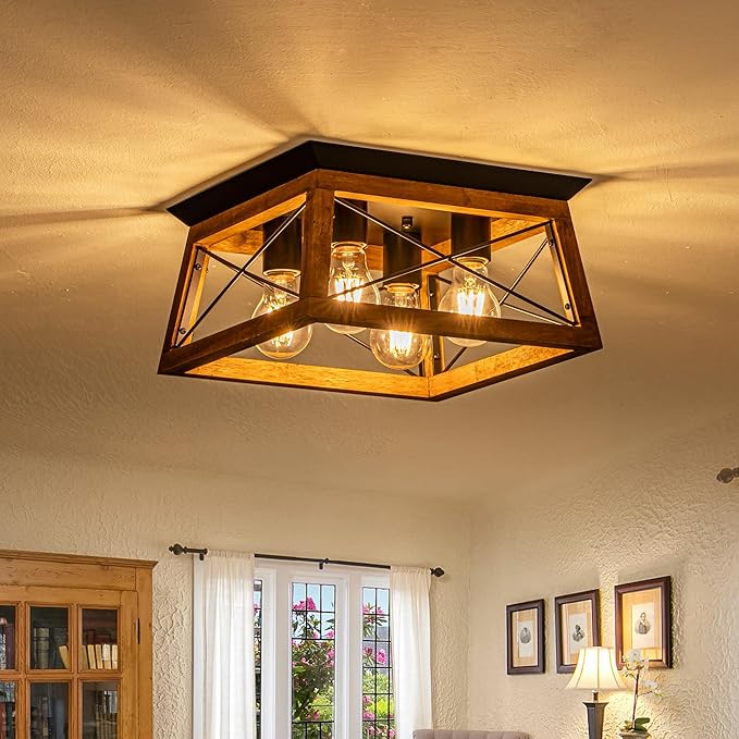 Farmhouse Light Fixture, 4-Light Rustic Ceiling Light, Trapeziform Wood Flush Mount Ceiling Light for Kitchen, Hallway, Entryway, Bedroom
