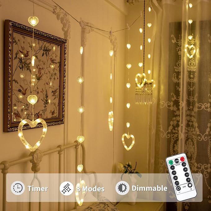 YOLIGHT Heart Curtain Lights, 9.8ft Valentine's Day Window Lights, USB Plug LED Hearts String Lights, Light up Heart Hanging Lights for Valentines Mother's Day Room Decoration (Warm White)