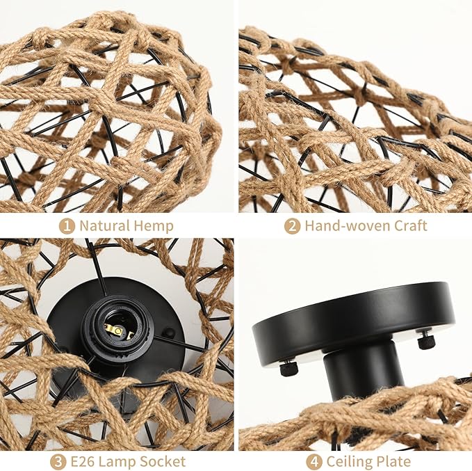 Rattan Ceiling Light Fixtures, Woven Wicker Semi Flush Mount Ceiling, Coastal Boho Rattan Light for Farmhouse Bedroom Hallway Entryway Kitchen