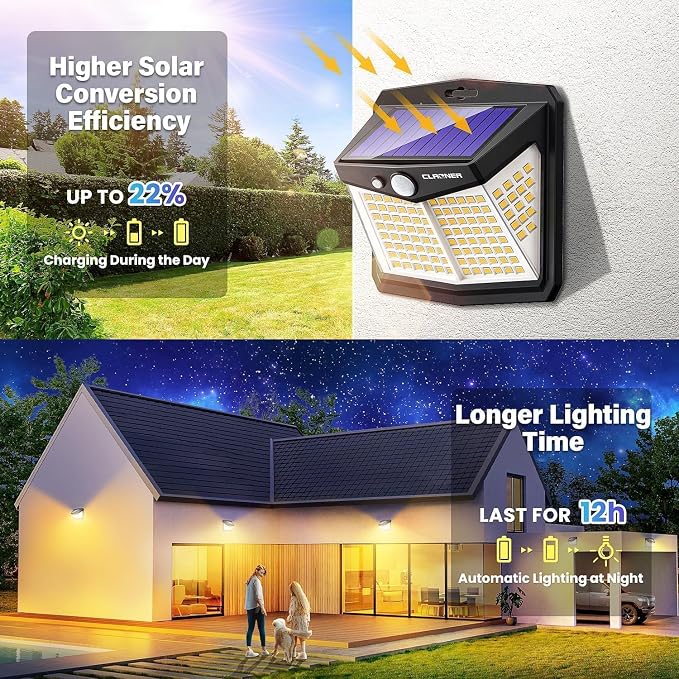 CLAONER Solar Motion Sensor Lights Outdoor, 12 Pack Solar Fence Lights IP65 Waterproof, Bright 128 LED Security Flood Lights with 270°Wide Angle, 3 Lighting Modes Motion Light for Outside, Warm White