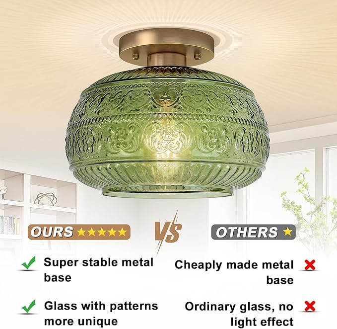 Semi Flush Mount Ceiling Light Fixture, 11" Vintage Gold Hallway Lights Fixture Ceiling with Green Glass for Kitchen, Hallway, Bathroom and Entry Way,Compatible with E26 Light Bulb