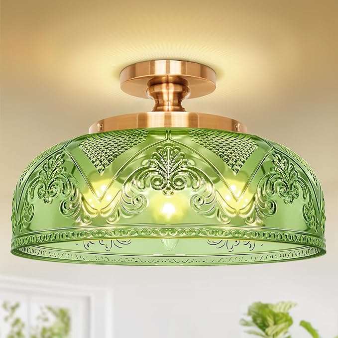 Green Semi Flush Mount Ceiling Light, 12 Inch Large Ceiling Light Fixture Gold, 3-Light Globe Glass Farmhouse Kitchen Lighting Fixtures for Bathroom, Hallway, Dining Room (Bulb Not Included)