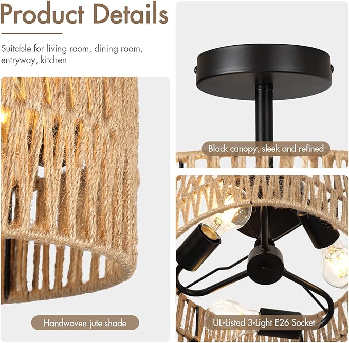 Boho Semi Flush Mount Ceiling Light Fixture Woven Rope Drum Lamp Natural Rattan Lighting for Bedroom Kitchen Hallway Entryway Closet Rustic Farmhouse Modern Bohemian Light Fixtures
