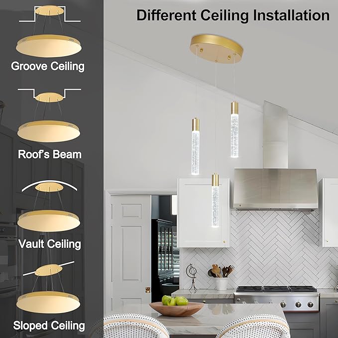 3-Light Bubble Crystal Ceiling Gold Integrated Crystal Pendant Chandelier,Dimmable LED Ceiling Light with Adjustable Height for Kitchen Island, Dining Room & Bedroom 3000K -6000K