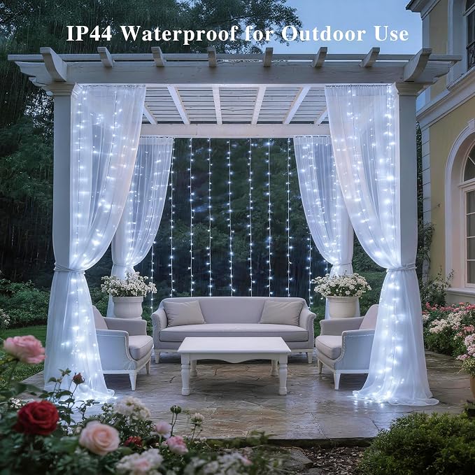 JMEXSUSS 200 LED Fairy Curtain Lights Battery Operated & USB Plug in - Remote Curtain String Lights for Bedroom with 8 Modes, Waterproof Window Lights Outdoor for Backdrop Wedding Party Decor, White
