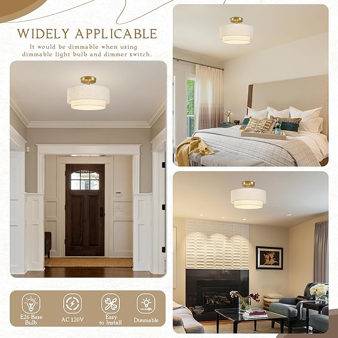 12.6 inch Flush Mount Ceiling Light Gold Close to Lights Fixture with 2-Layer Fabric Shade 3-Light Drum Modern Lights for Dining Room Bedroom Hallway