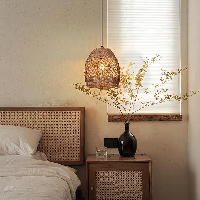 9.8" Boho Rattan Chandelier Light Fixture, 1-Light Hand Woven Wicker Small Pendant Lights Kitchen Island Farmhouse Rustic Hanging Lamp for Dining Room, Bedroom, Living Room, Entryway, Foyer