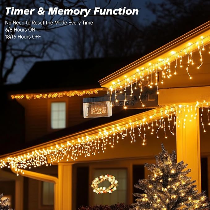 Icicle LED Christmas Lights Outdoor, 624 LED 59FT 8 Modes with 96 Drops Warm White Icicle Lights,Outdoor Indoor Fairy String Lights for Christmas Party,Holiday,Wedding Decorations