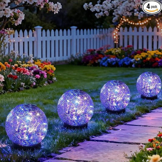 SyouHome Solar Garden Lights Outdoor Waterproof, 4 Pack LEDs Cracked Glass Ball Light, Ground Landscape Garden Decor, Solar Globe Decorative for Pathway/Patio/Lawn/Yard (Multicolor)