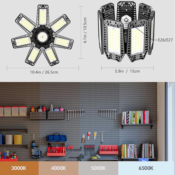 LED Garage Light 6 Pack - 200w 20000LM 6500K Garage Lights Ceiling LED with 7+1 Adjustable Panels, Shop Lights Screw in E26 E27 Bulb Socket for Workshop, Storage Room, Basement, Warehouse